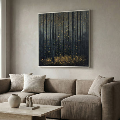 Mystical Forest Abstract with Golden Sparks Canvas in white floating frame