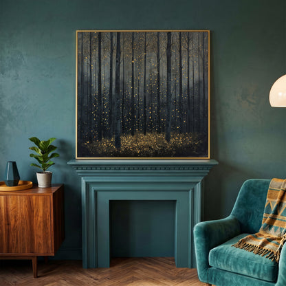 Mystical Forest Abstract with Golden Sparks Canvas in yellow gold floating frame
