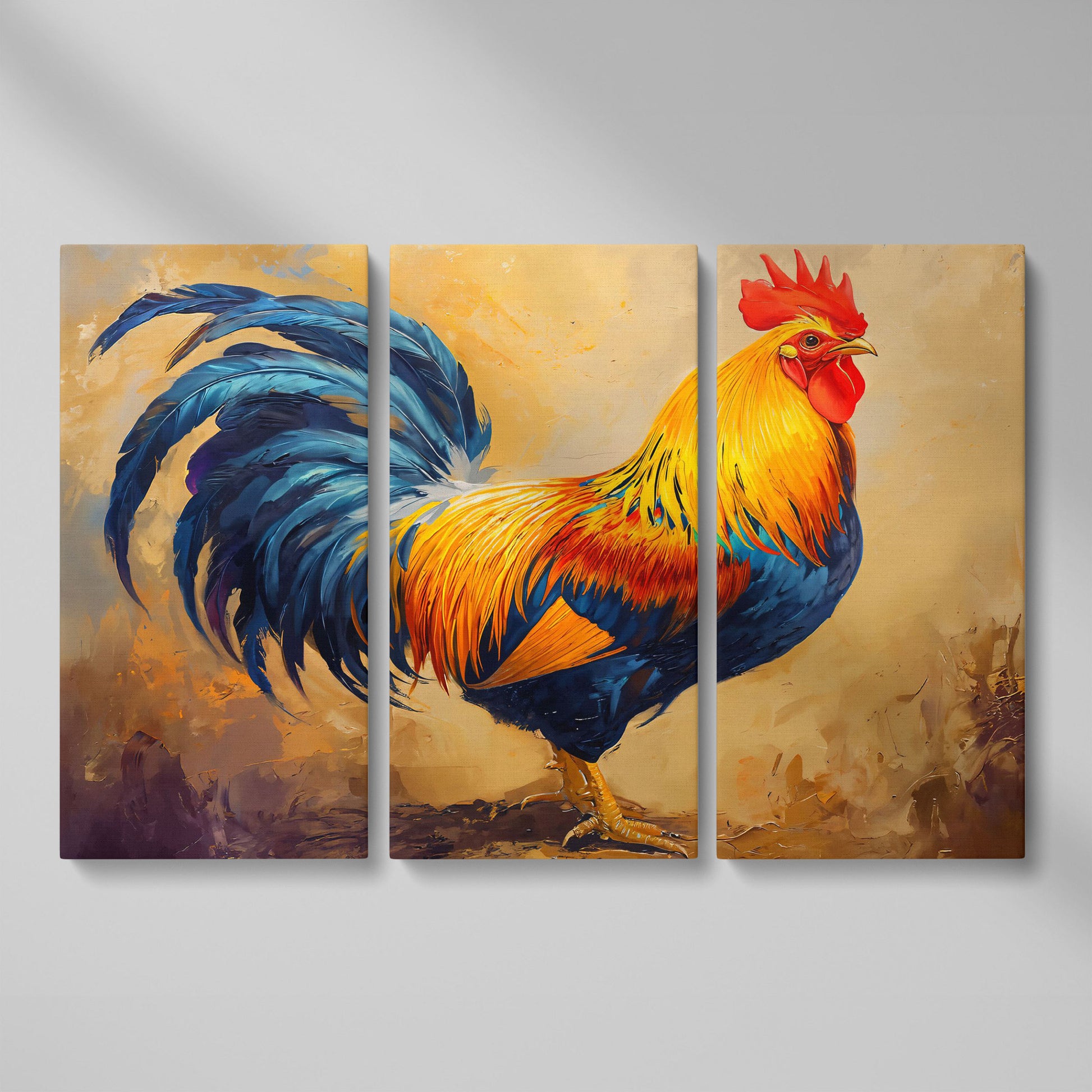 Colorful Rooster Canvas for Farmhouse Kitchens as 3-panel split version