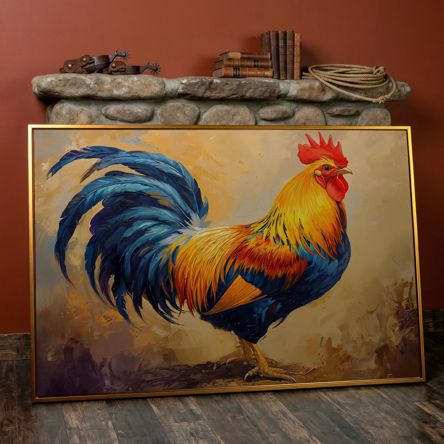 Colorful Rooster Canvas for Farmhouse Kitchens in antique gold floating frame