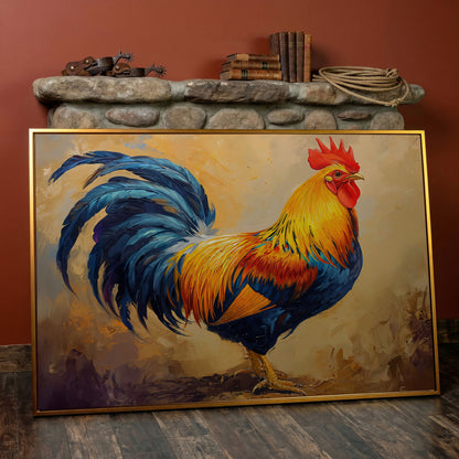 Colorful Rooster Canvas for Farmhouse Kitchens in antique gold floating frame