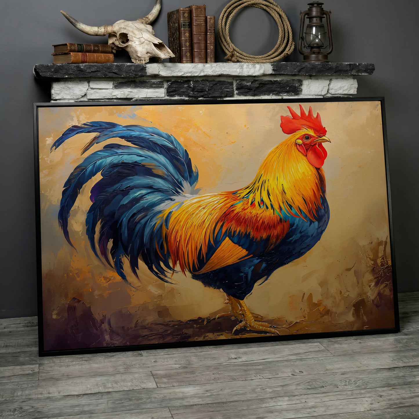 Colorful Rooster Canvas for Farmhouse Kitchens in black floating frame