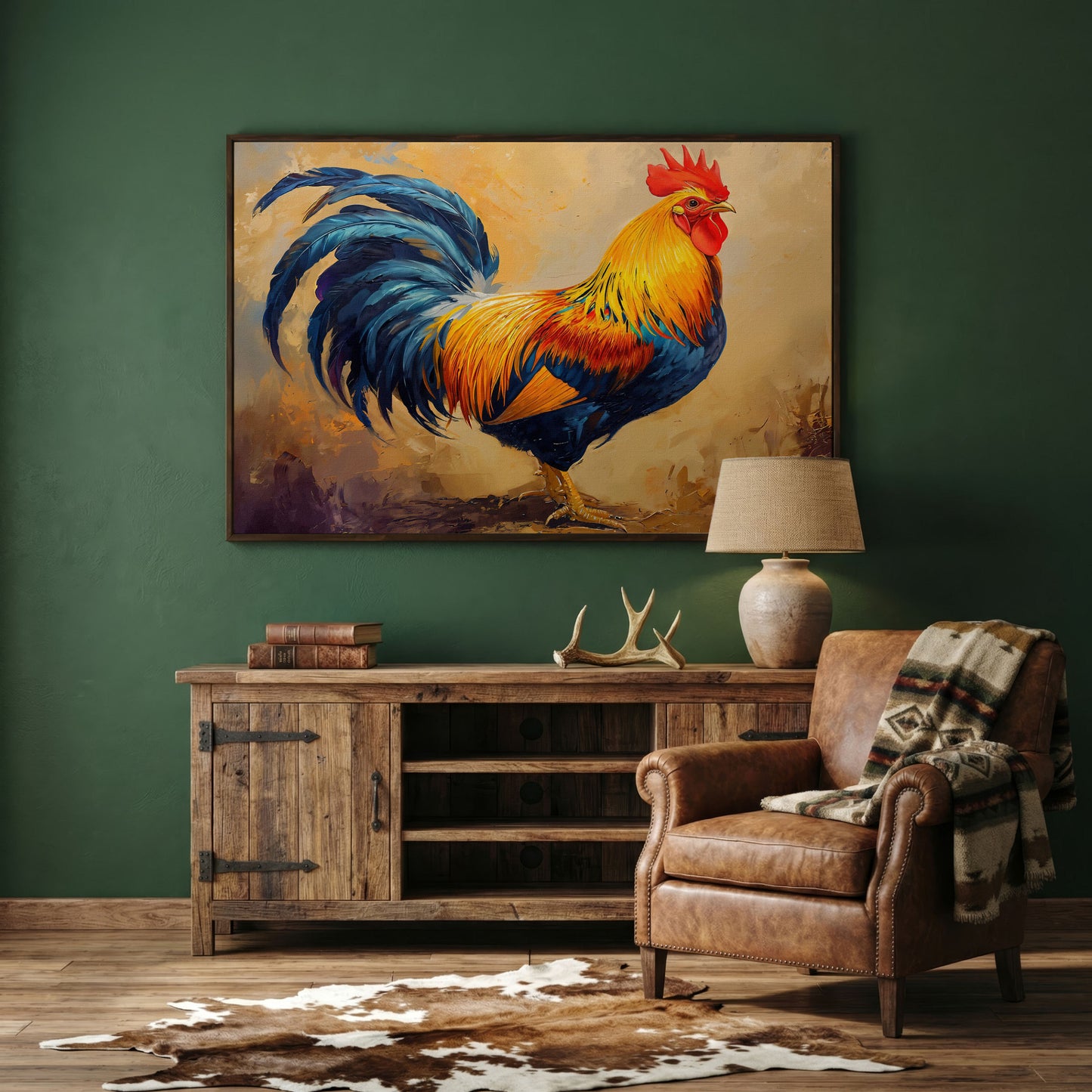 Colorful Rooster Canvas for Farmhouse Kitchens in dark walnut floating frame