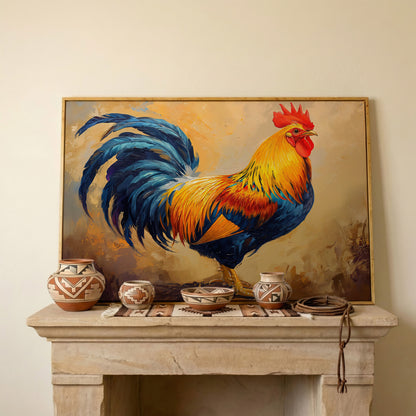 Colorful Rooster Canvas for Farmhouse Kitchens in white oak floating frame