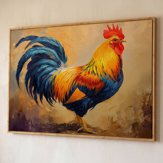 Colorful Rooster Canvas for Farmhouse Kitchens shown in white oak floating frame
