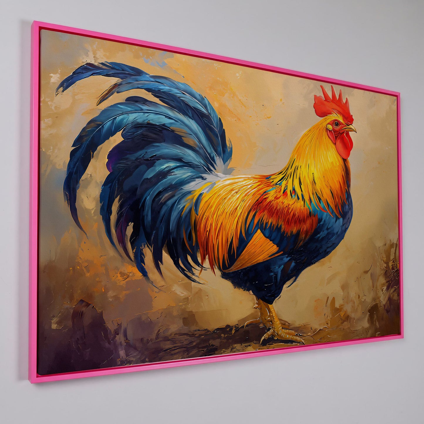 Colorful Rooster Canvas for Farmhouse Kitchens in pink floating frame