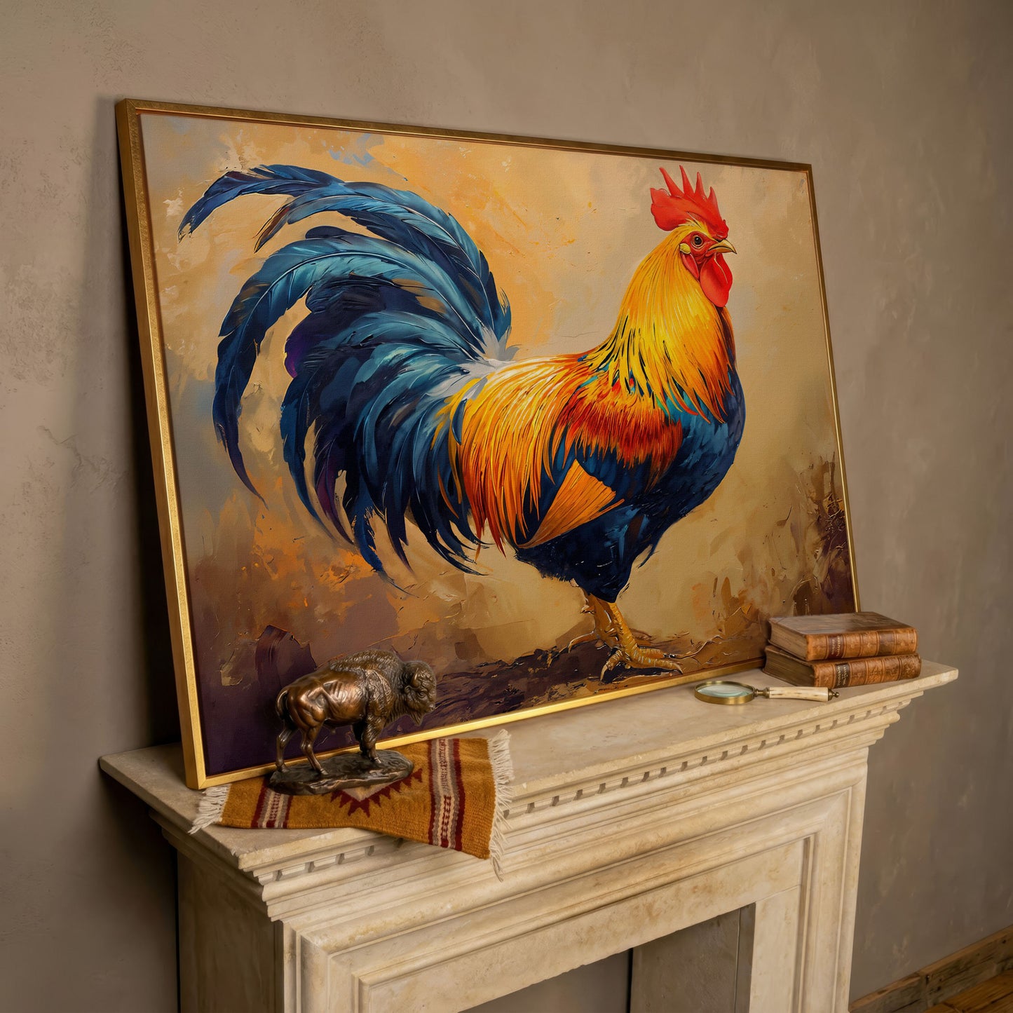 Colorful Rooster Canvas for Farmhouse Kitchens in rose gold floating frame