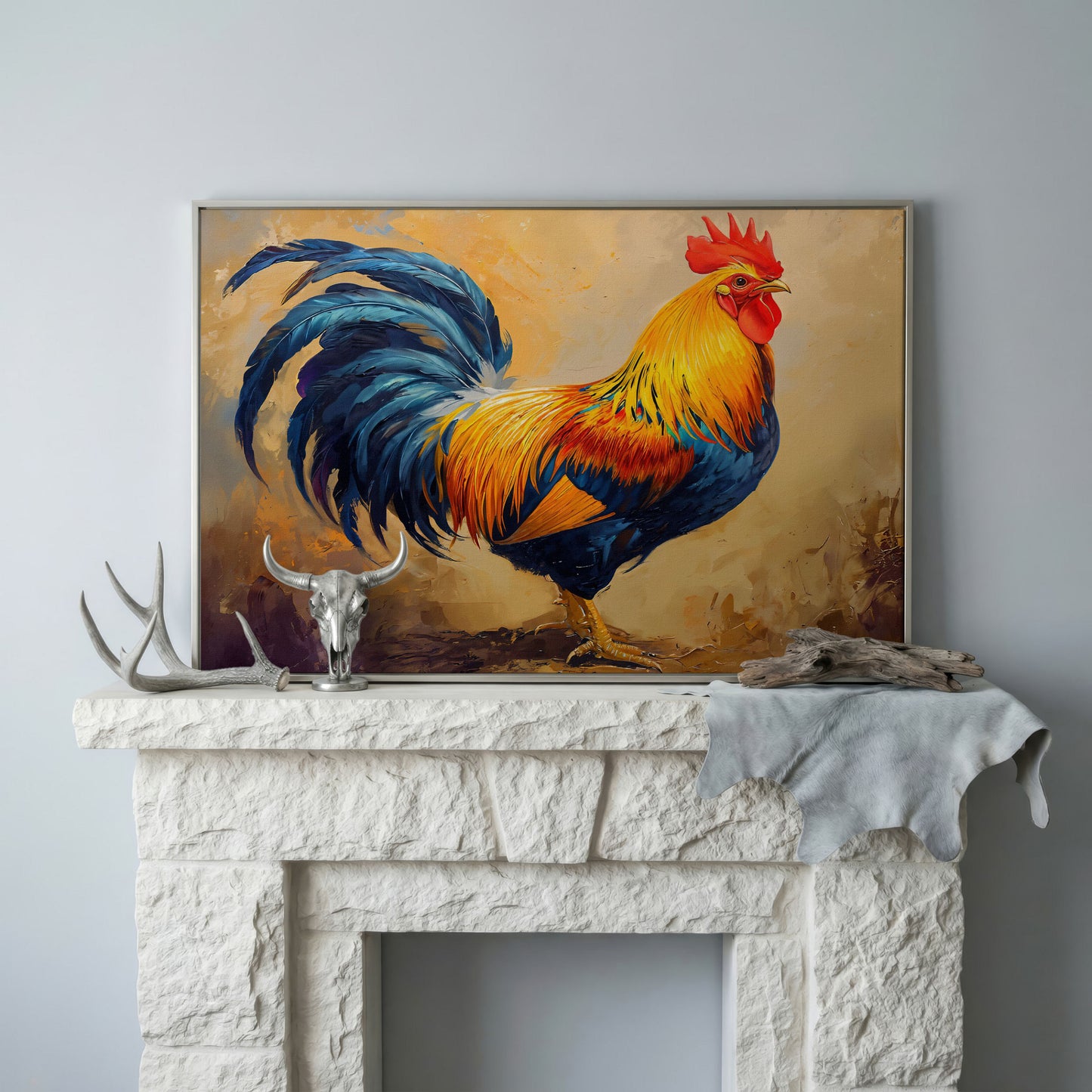 Colorful Rooster Canvas for Farmhouse Kitchens in silver floating frame