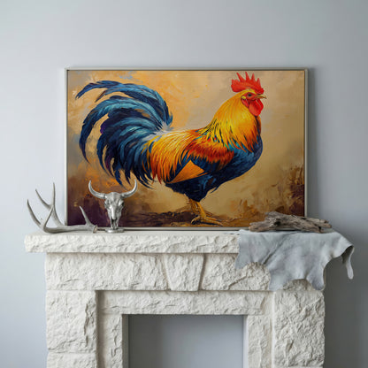 Colorful Rooster Canvas for Farmhouse Kitchens in silver floating frame