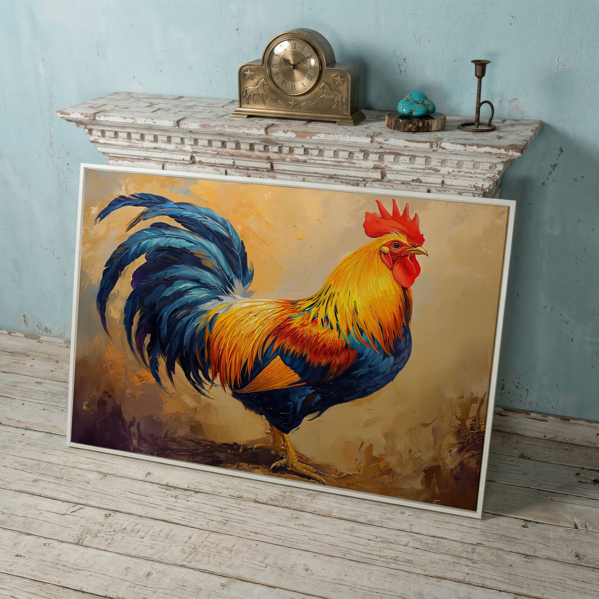 Colorful Rooster Canvas for Farmhouse Kitchens in white floating frame