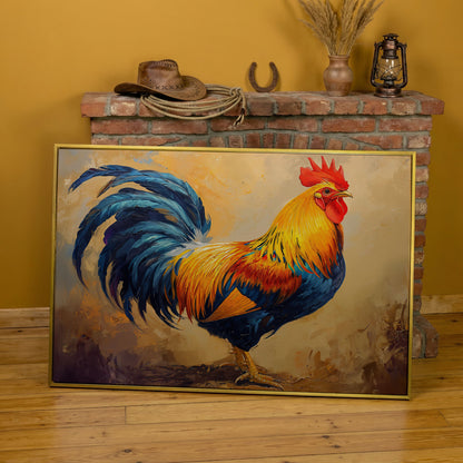 Colorful Rooster Canvas for Farmhouse Kitchens in yellow gold floating frame