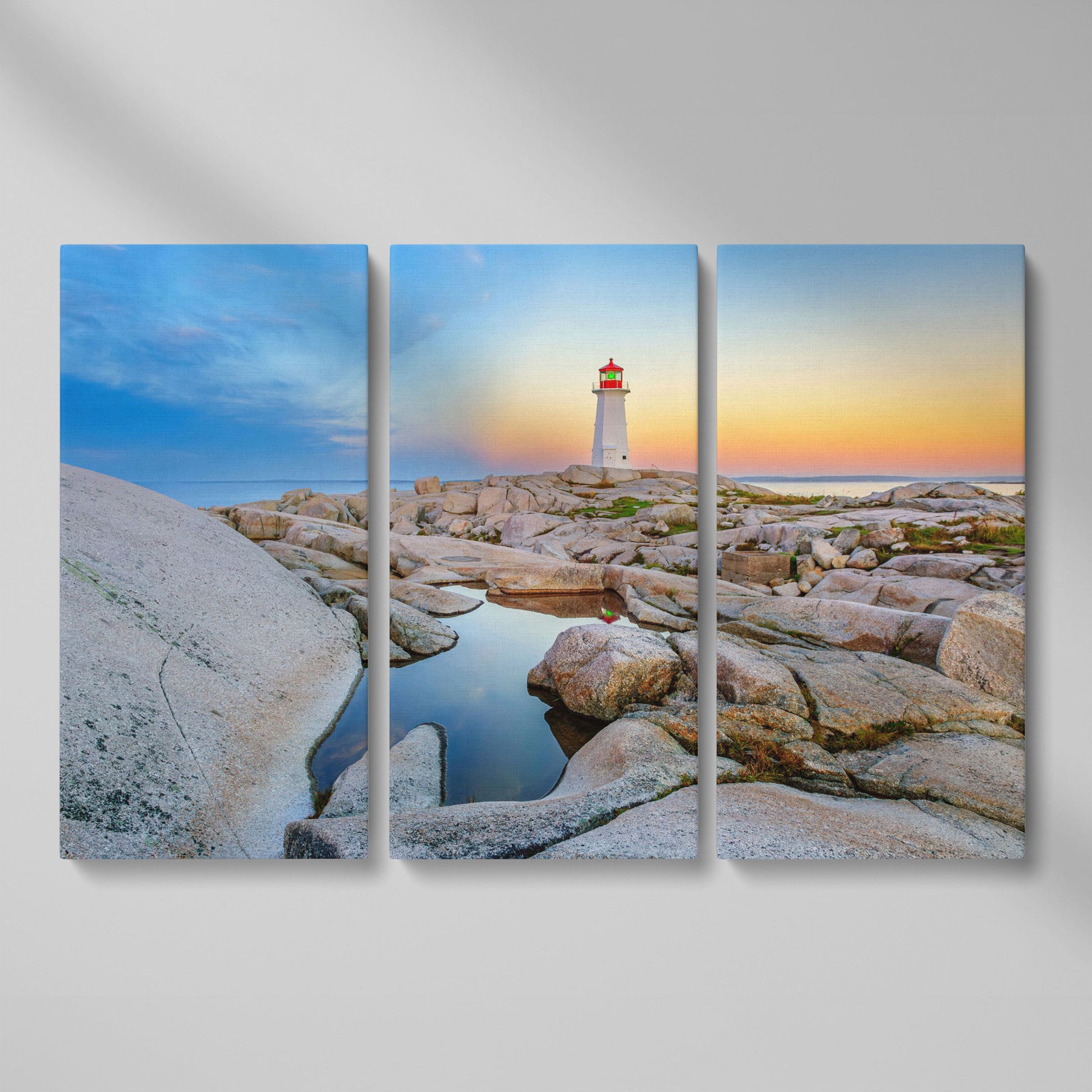 Peggy's Cove Lighthouse Canvas Print | Rocky Nova Scotia Coast as 3-panel split version