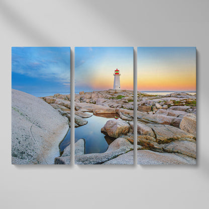 Peggy's Cove Lighthouse Canvas Print | Rocky Nova Scotia Coast as 3-panel split version