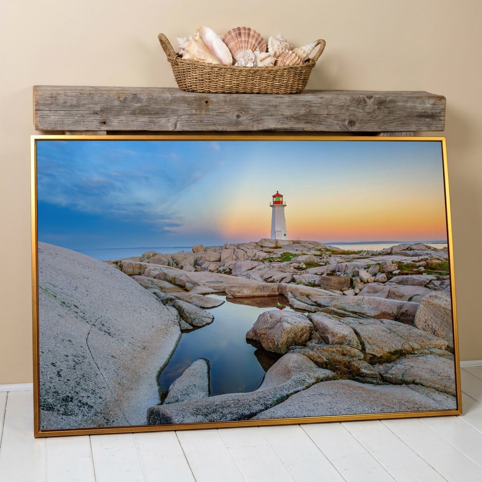 Peggy's Cove Lighthouse Canvas Print | Rocky Nova Scotia Coast in antique gold floating frame