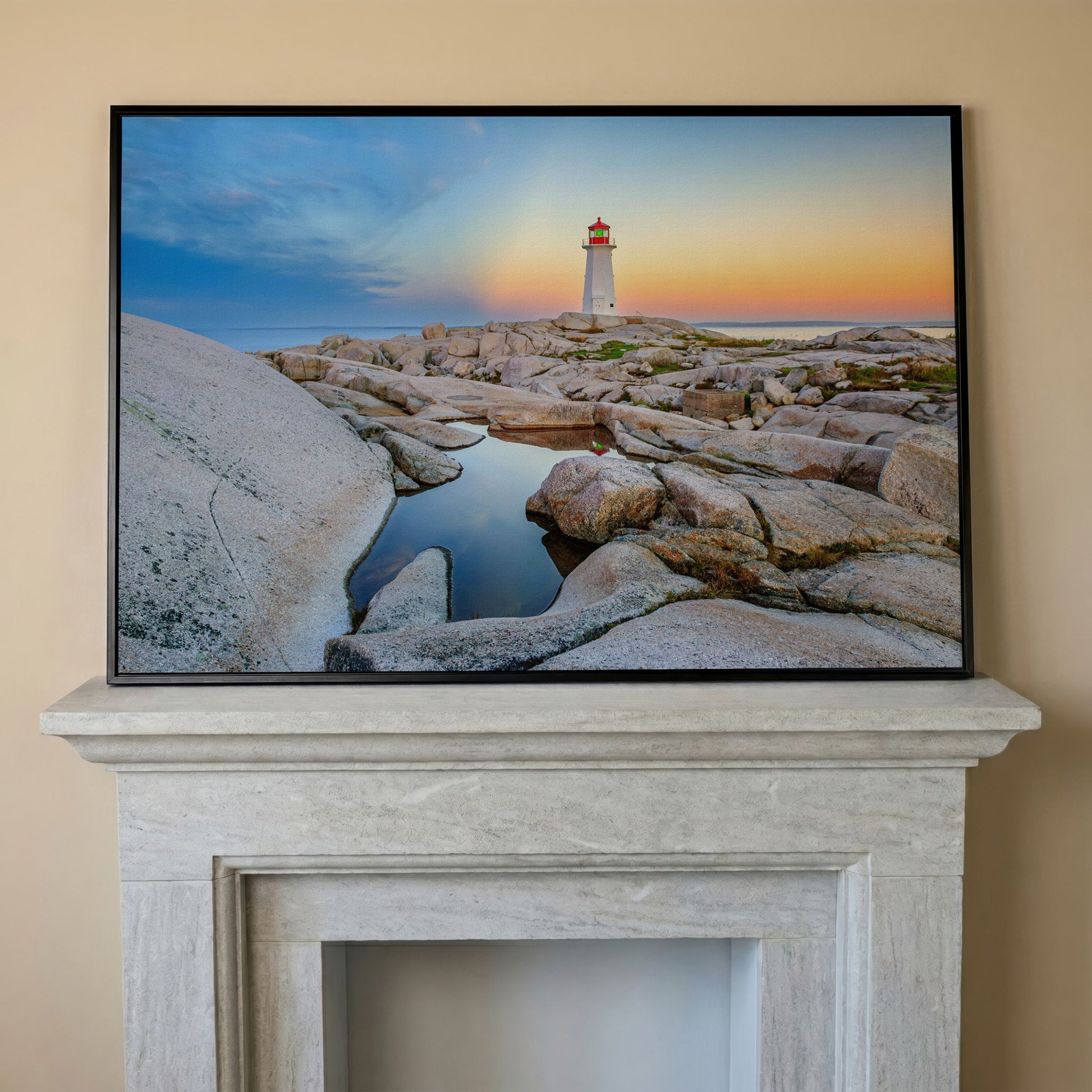 Peggy's Cove Lighthouse Canvas Print | Rocky Nova Scotia Coast in black floating frame