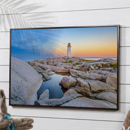 Peggy's Cove Lighthouse Canvas Print | Rocky Nova Scotia Coast in dark walnut floating frame