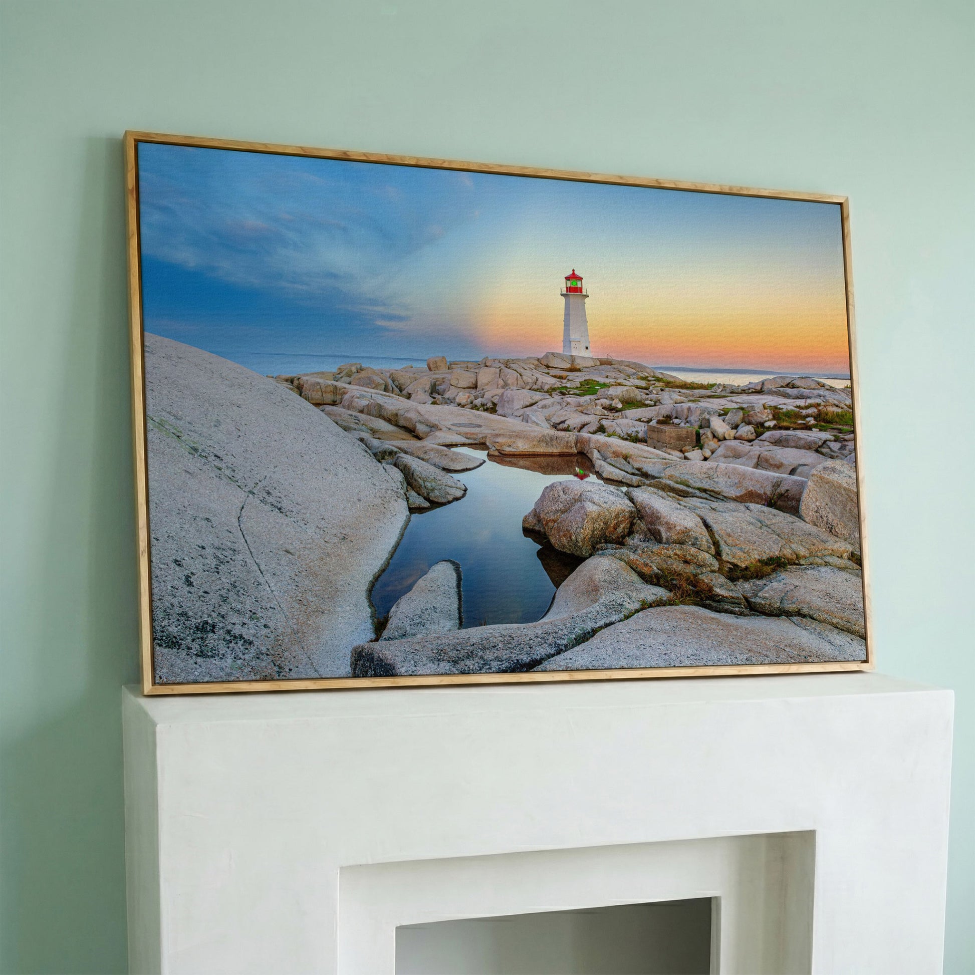 Peggy's Cove Lighthouse Canvas Print | Rocky Nova Scotia Coast in white oak floating frame