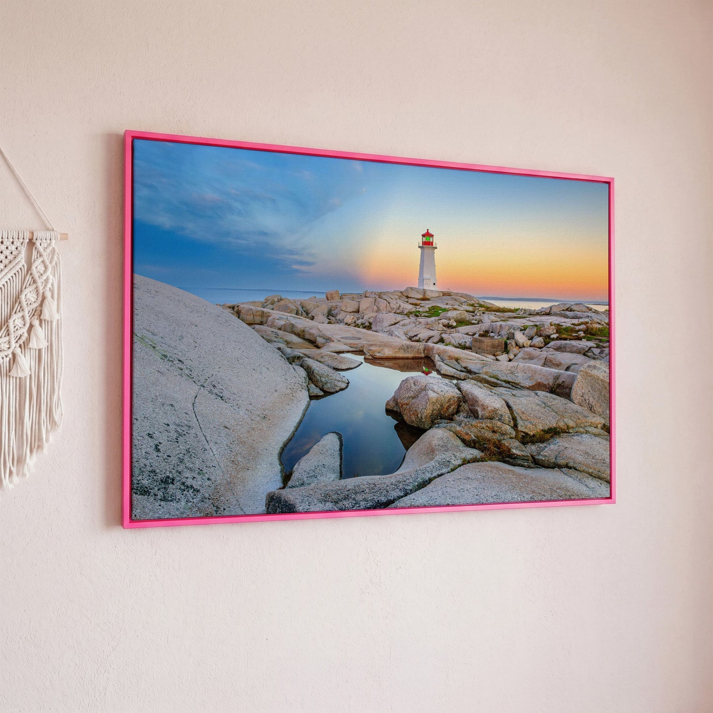 Peggy's Cove Lighthouse Canvas Print | Rocky Nova Scotia Coast in pink floating frame