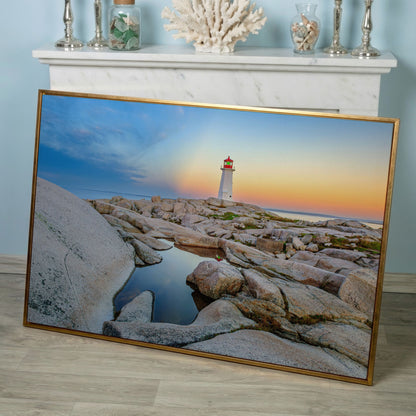 Peggy's Cove Lighthouse Canvas Print | Rocky Nova Scotia Coast in rose gold floating frame