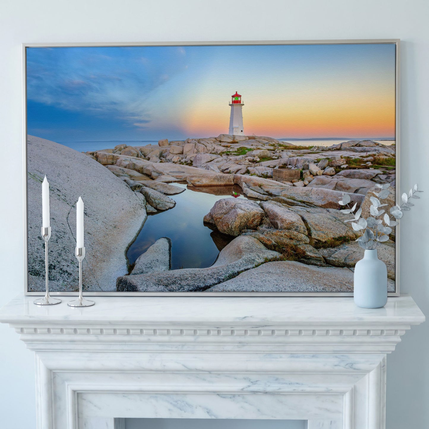 Peggy's Cove Lighthouse Canvas Print | Rocky Nova Scotia Coast in silver floating frame