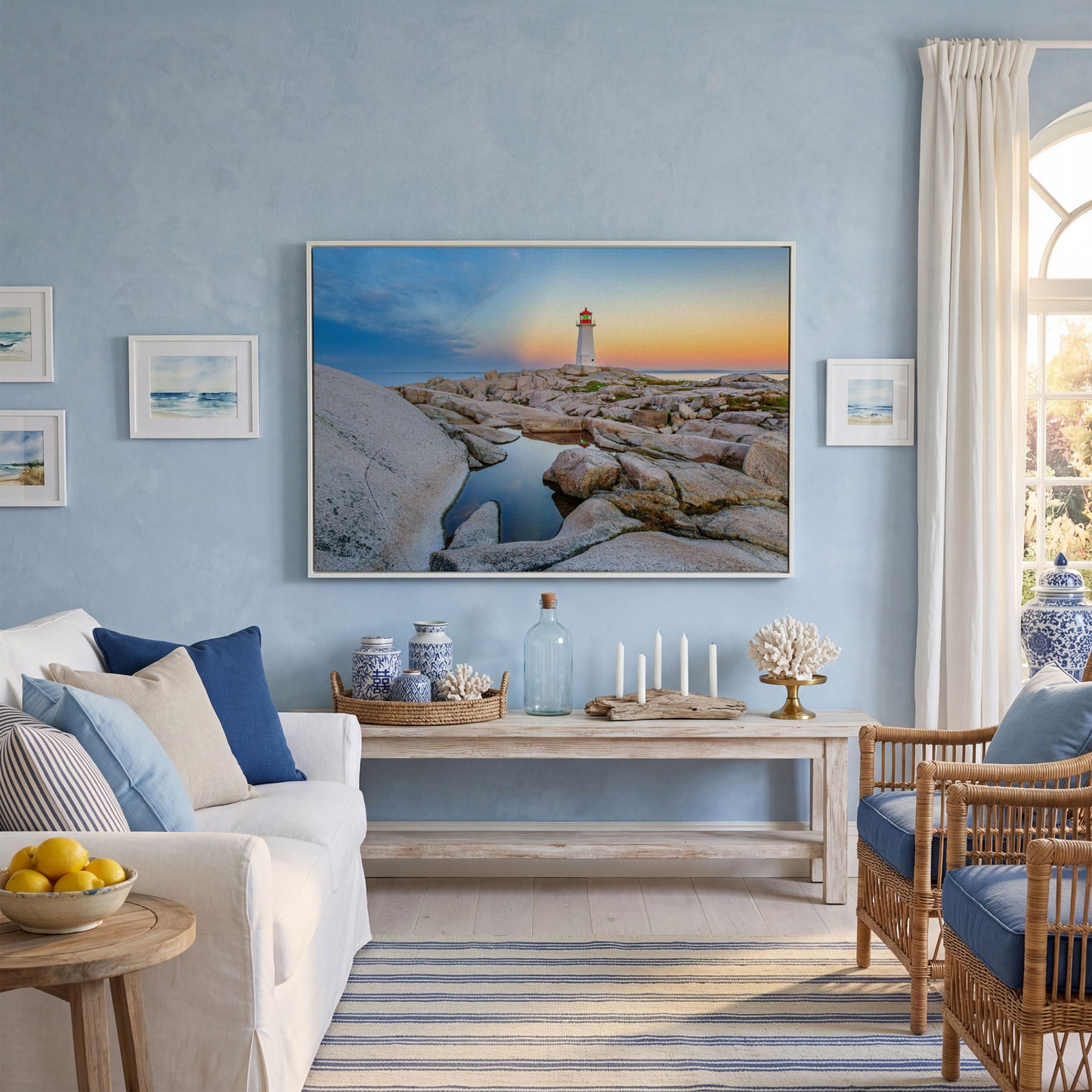 Peggy's Cove Lighthouse Canvas Print | Rocky Nova Scotia Coast in white floating frame