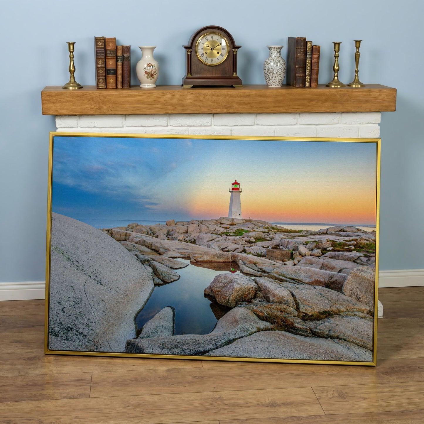 Peggy's Cove Lighthouse Canvas Print | Rocky Nova Scotia Coast in yellow gold floating frame