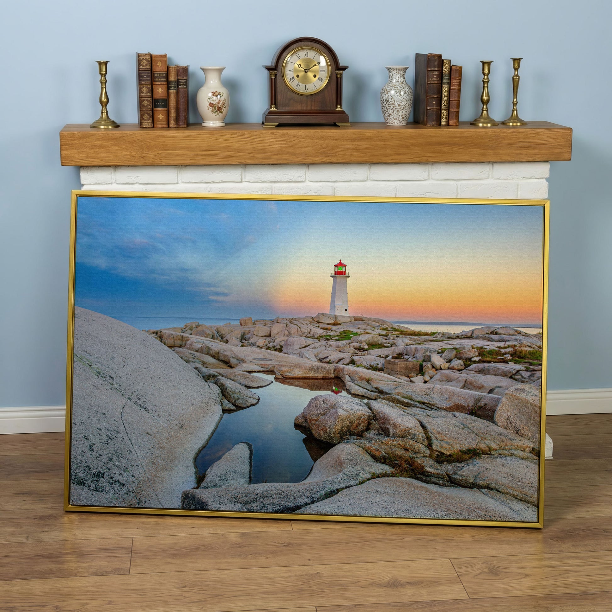 Peggy's Cove Lighthouse Canvas Print | Rocky Nova Scotia Coast in yellow gold floating frame