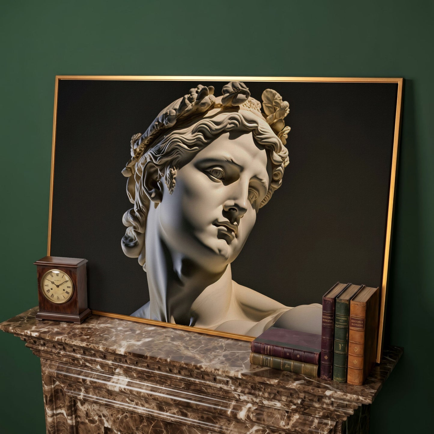 Apollo Sculpture Portrait Canvas in antique gold floating frame