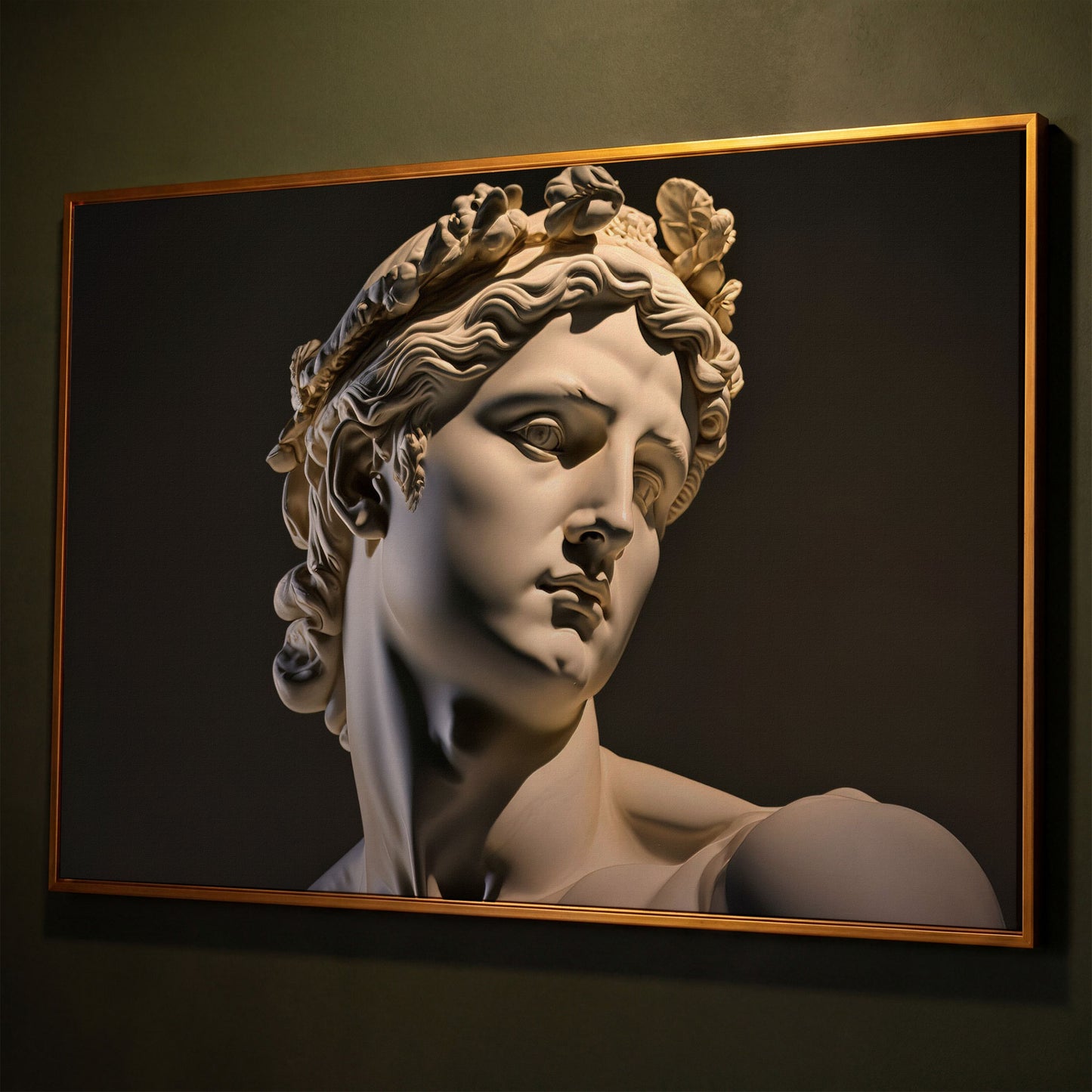 Apollo Sculpture Portrait Canvas shown in antique gold floating frame