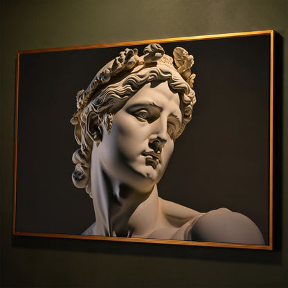 Apollo Sculpture Portrait Canvas shown in antique gold floating frame