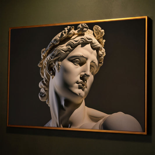 Apollo Sculpture Portrait Canvas shown in antique gold floating frame