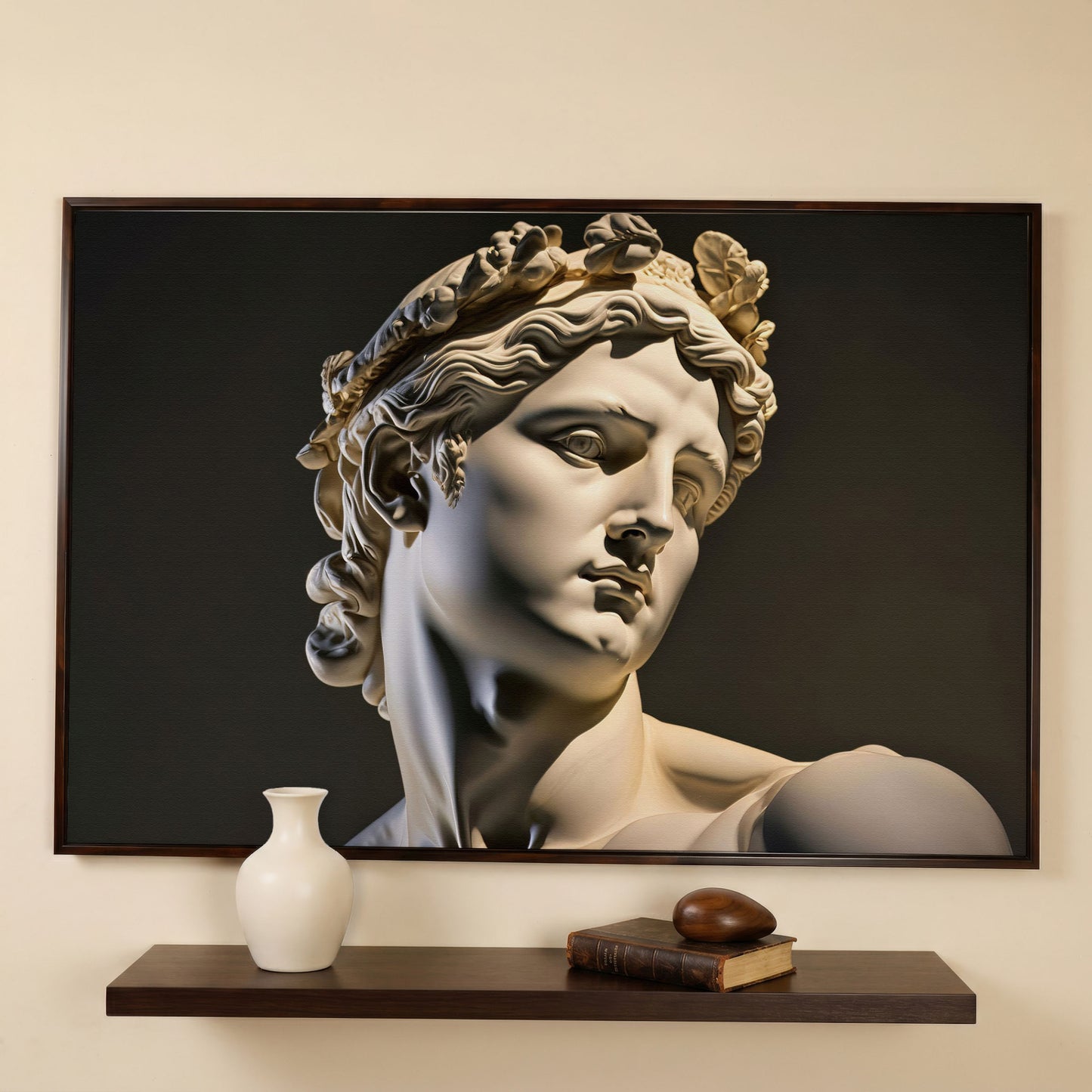 Apollo Sculpture Portrait Canvas in dark walnut floating frame