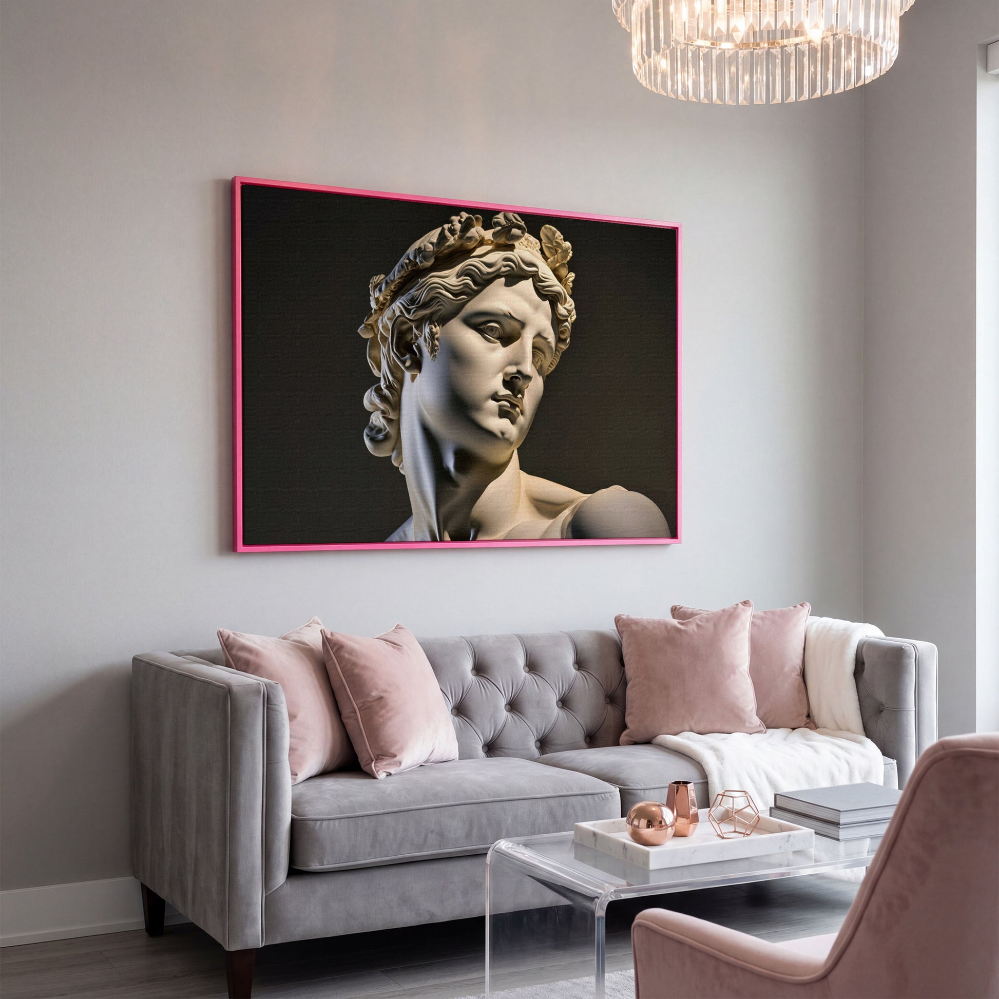 Apollo Sculpture Portrait Canvas in pink floating frame