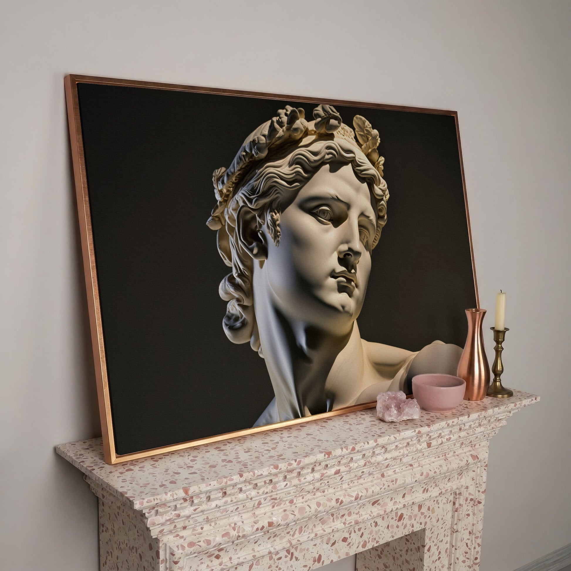 Apollo Sculpture Portrait Canvas in rose gold floating frame