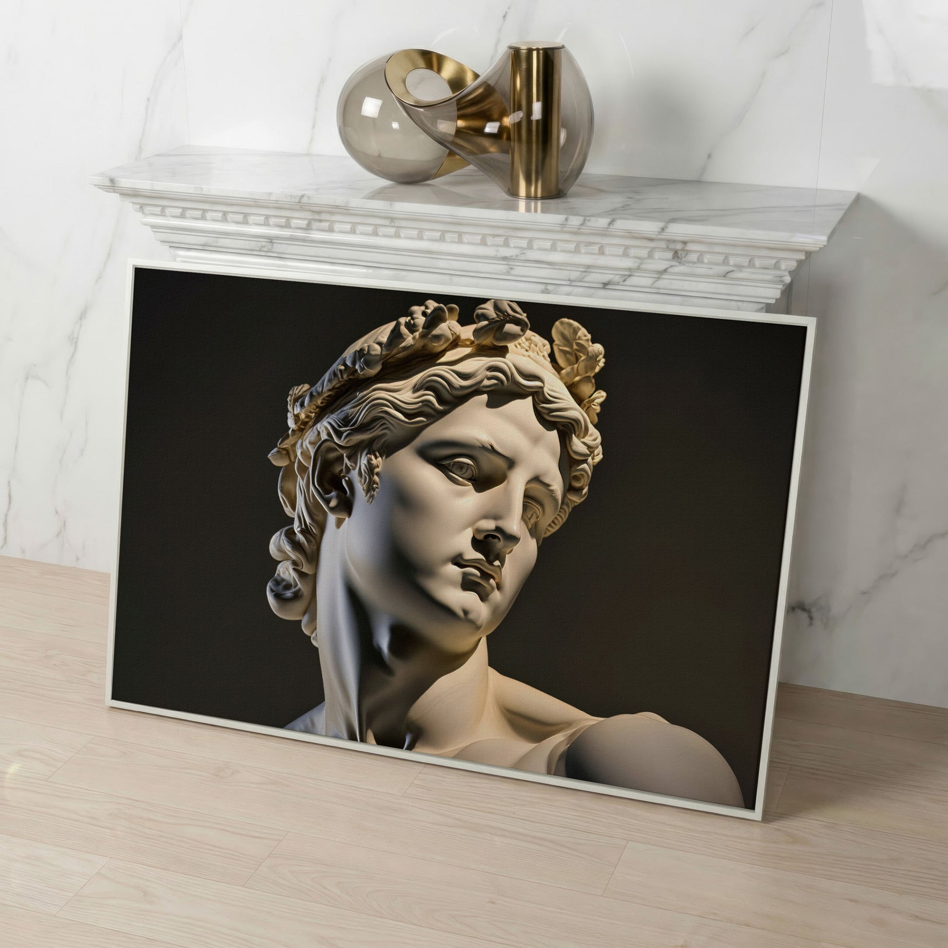 Apollo Sculpture Portrait Canvas in white floating frame