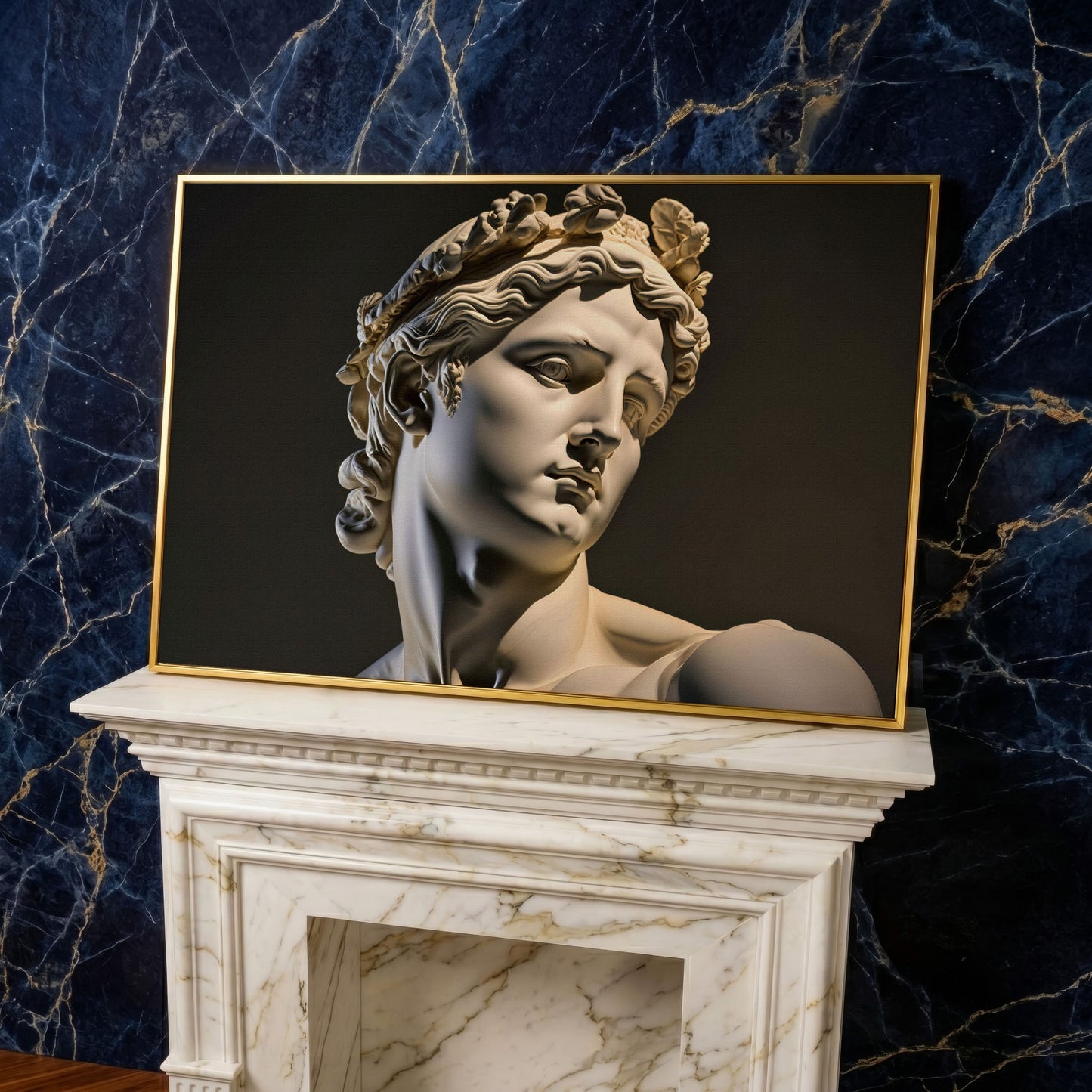 Apollo Sculpture Portrait Canvas in yellow gold floating frame