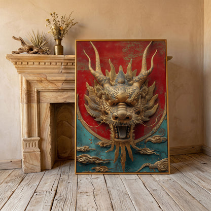 Dragon Canvas Print with Sculptural Relief in Gold and Teal in antique gold floating frame