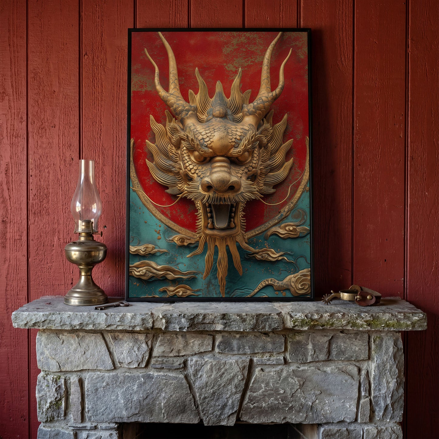 Dragon Canvas Print with Sculptural Relief in Gold and Teal in black floating frame