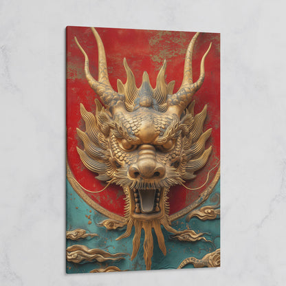 Dragon Canvas Print with Sculptural Relief in Gold and Teal on gallery wrap