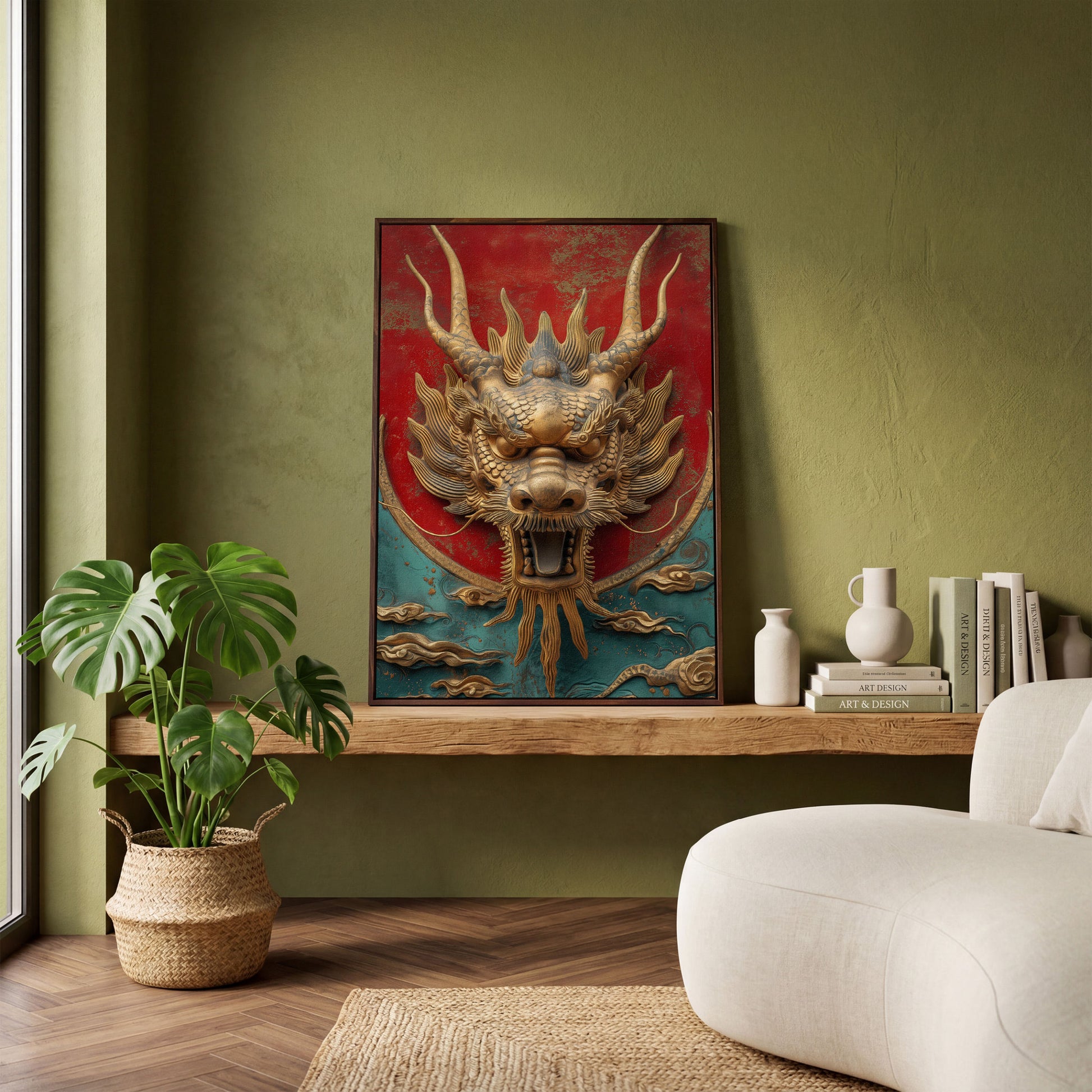 Dragon Canvas Print with Sculptural Relief in Gold and Teal in dark walnut floating frame