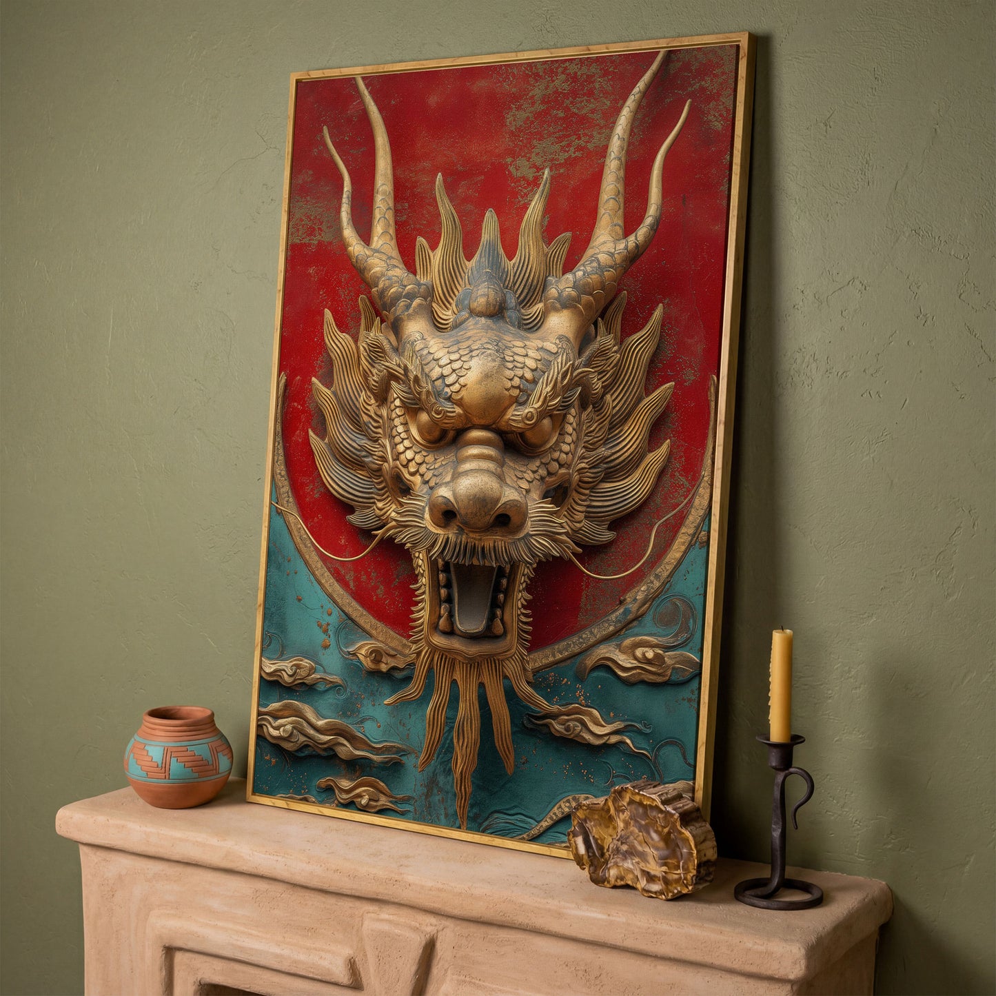 Dragon Canvas Print with Sculptural Relief in Gold and Teal in white oak floating frame