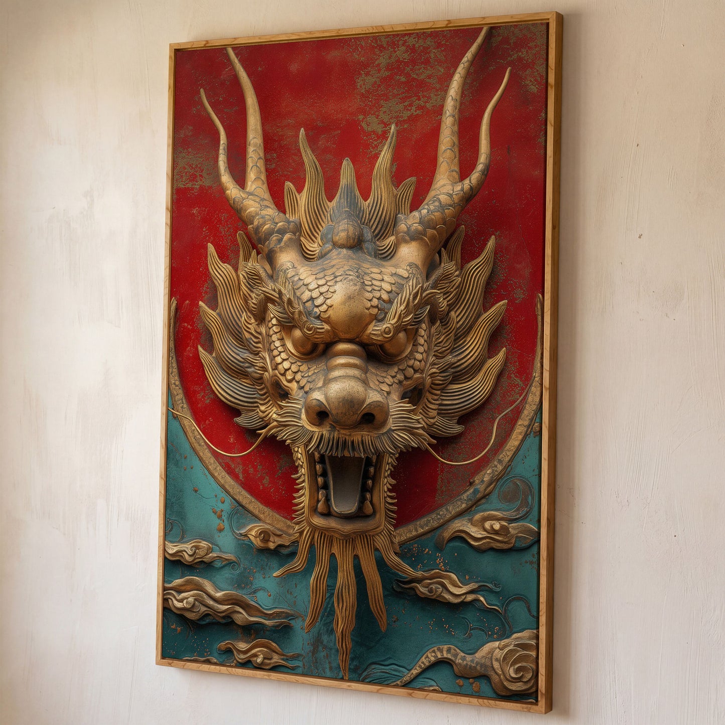 Dragon Canvas Print with Sculptural Relief in Gold and Teal shown in white oak floating frame