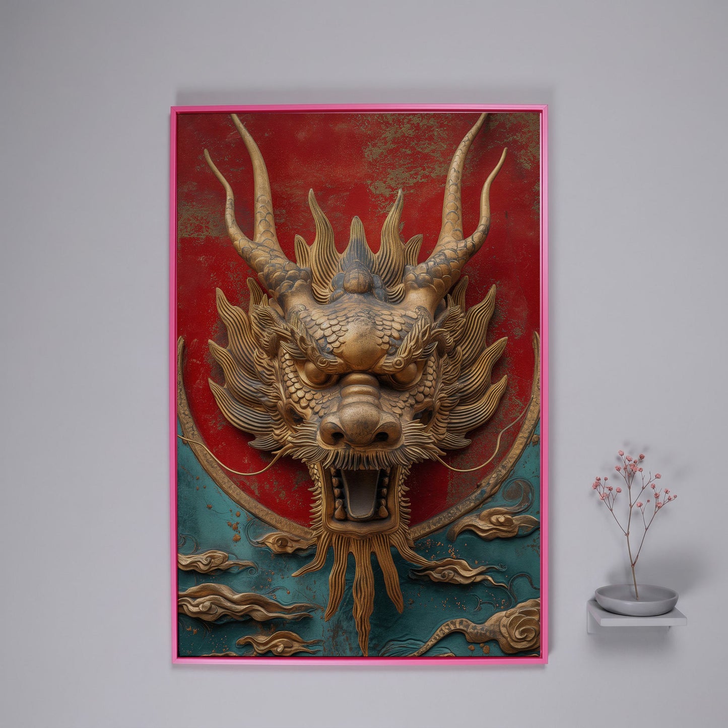 Dragon Canvas Print with Sculptural Relief in Gold and Teal in pink floating frame