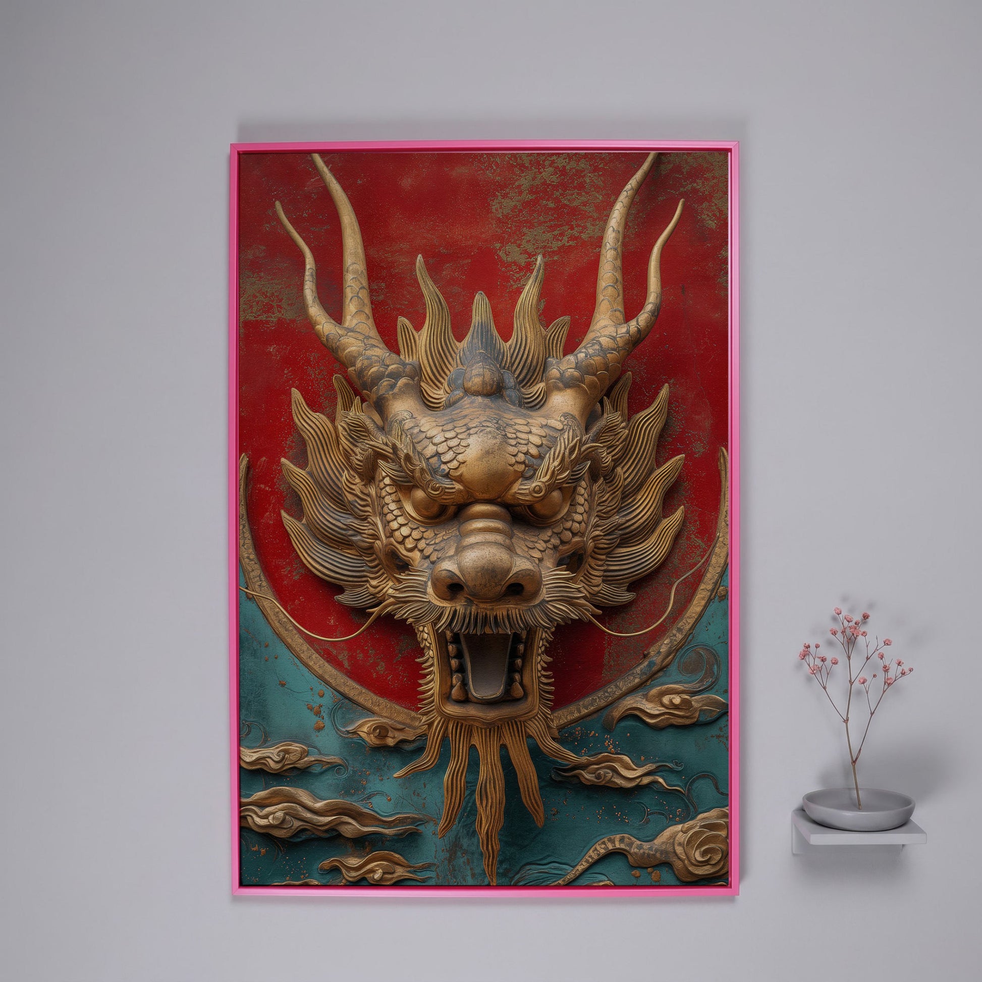Dragon Canvas Print with Sculptural Relief in Gold and Teal in pink floating frame