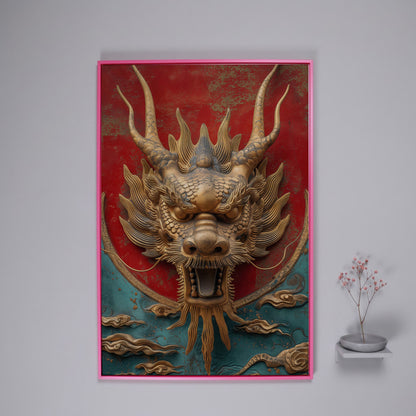 Dragon Canvas Print with Sculptural Relief in Gold and Teal in pink floating frame