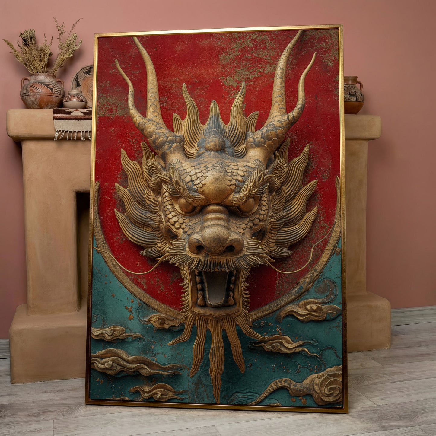 Dragon Canvas Print with Sculptural Relief in Gold and Teal in rose gold floating frame