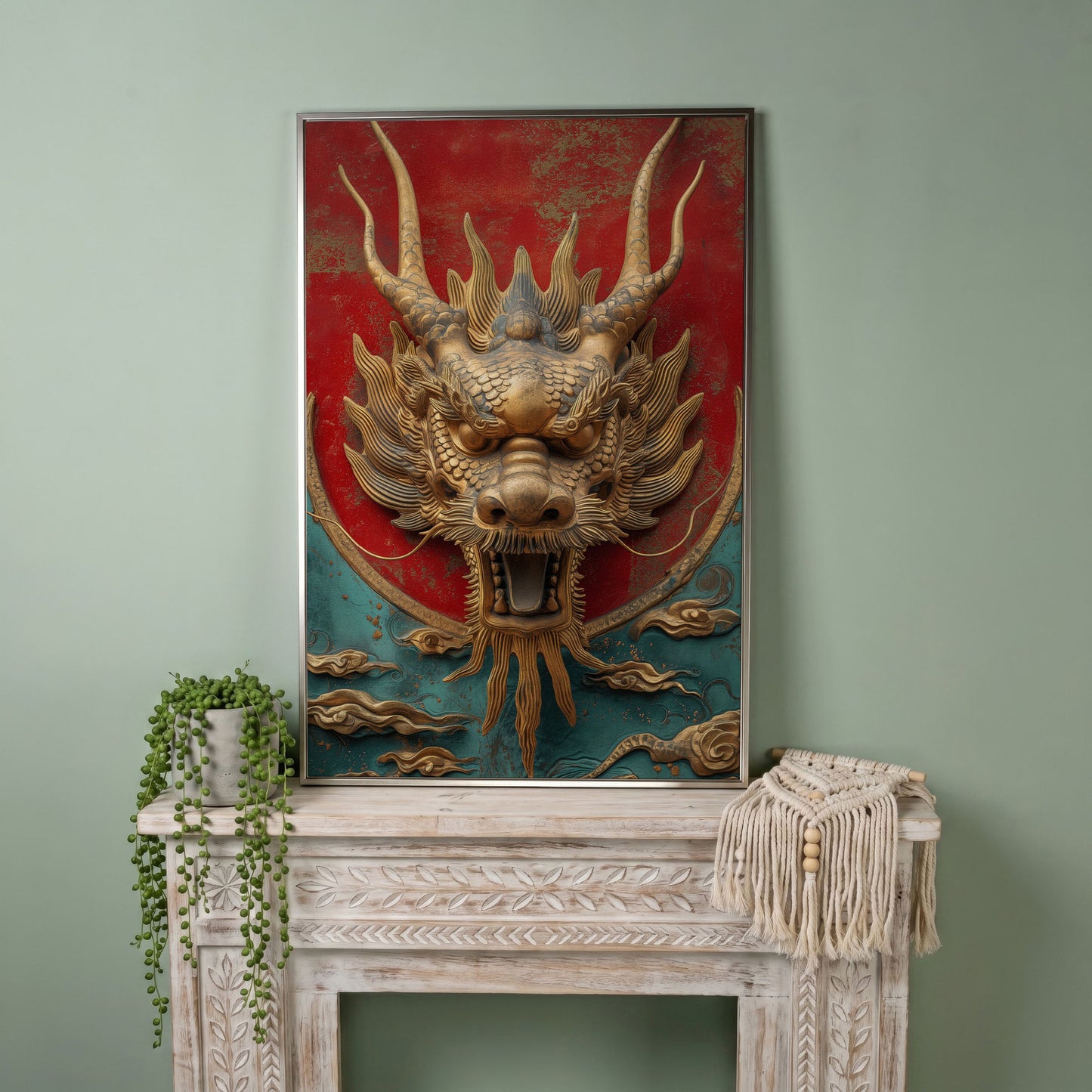 Dragon Canvas Print with Sculptural Relief in Gold and Teal in silver floating frame