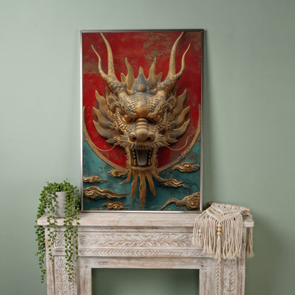 Dragon Canvas Print with Sculptural Relief in Gold and Teal in silver floating frame