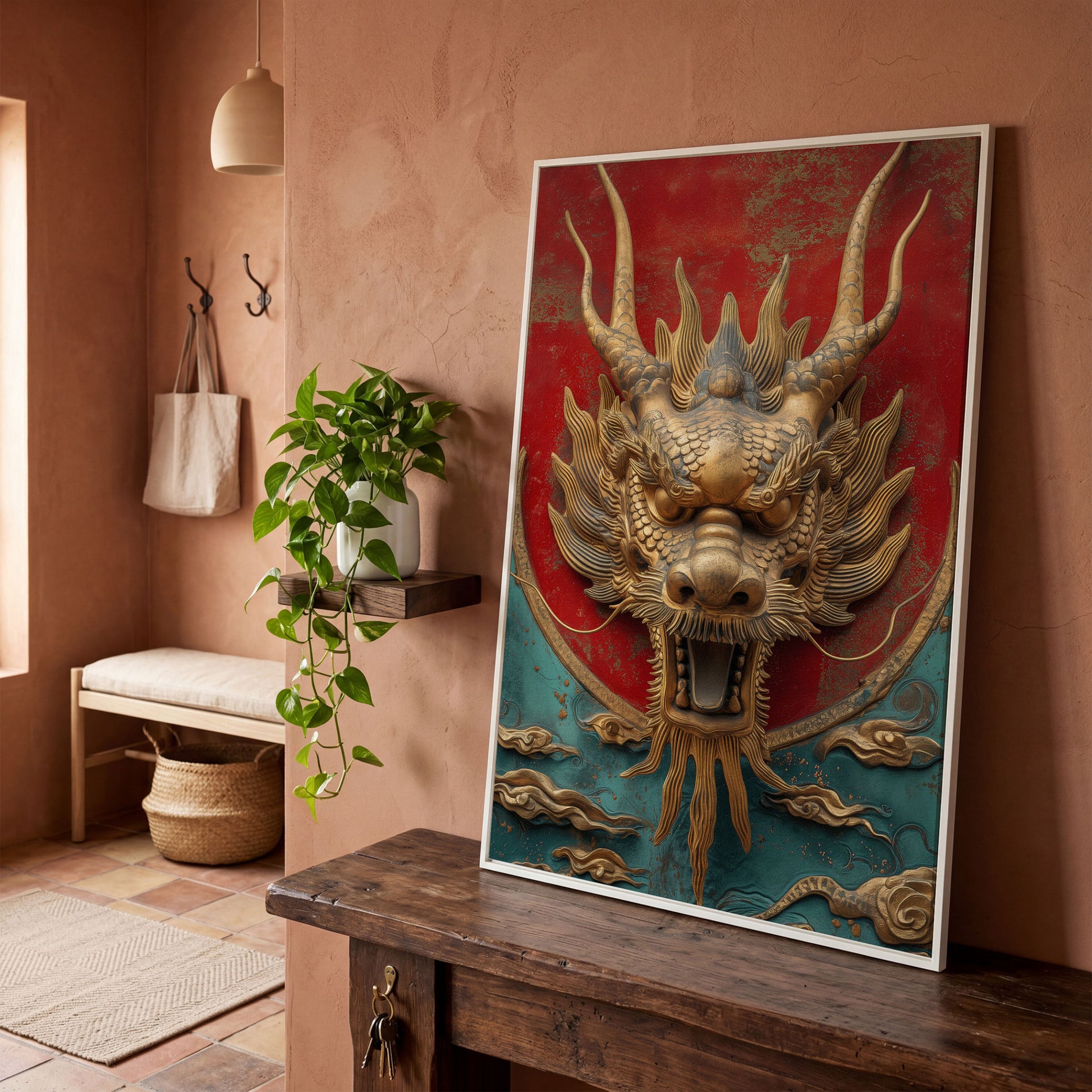 Dragon Canvas Print with Sculptural Relief in Gold and Teal in white floating frame