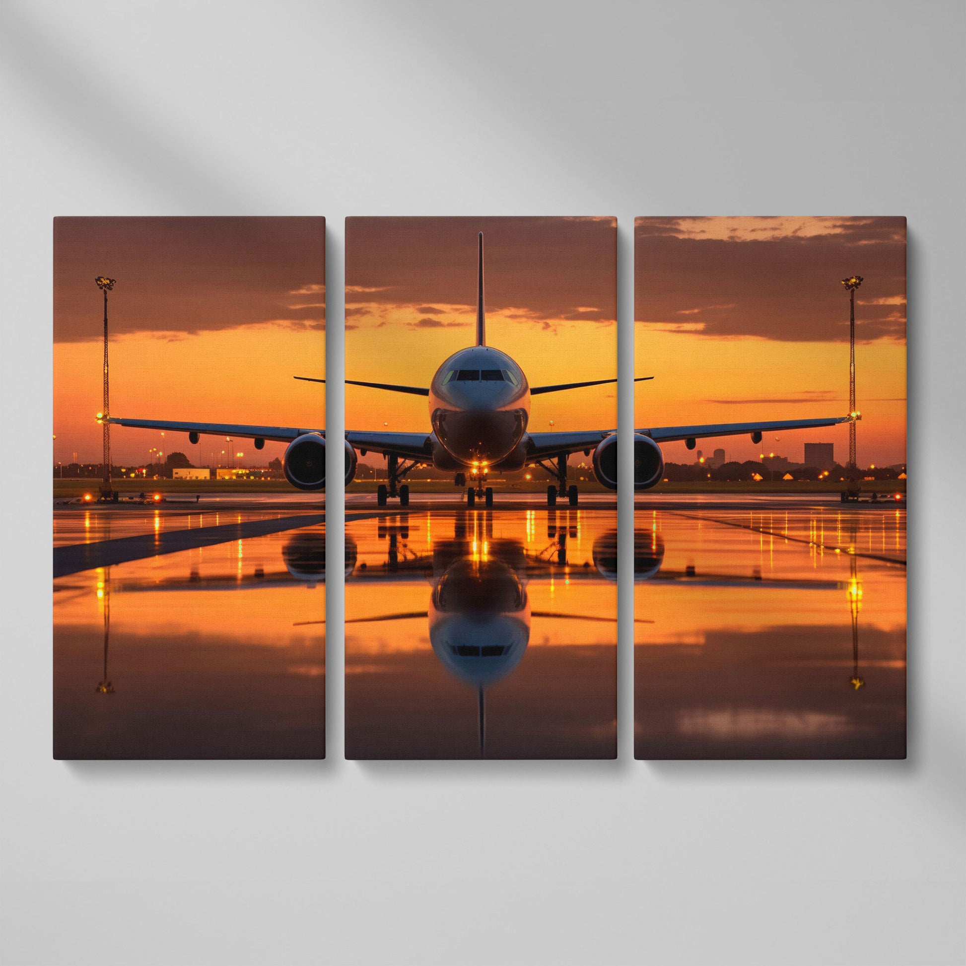 Passenger Plane at Dusk Canvas Wall Art as 3-panel split version